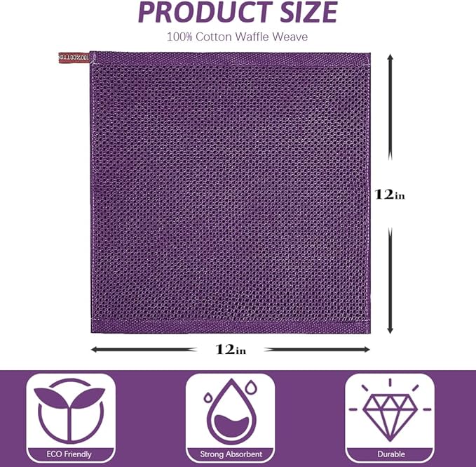 Nialnant 100% Cotton Dish Cloths for Washing Dishes, 4 Pack Waffle Weave Dish Towels,Super Soft Absorbent Cleaning Rags-Purple,12x12 Inch