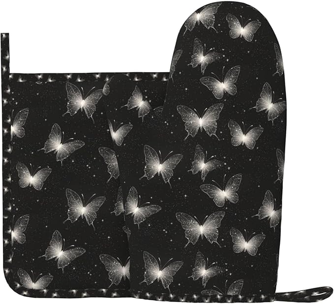 Oven Mitts and Pot Holders Black White Butterfly Silicone Kitchen Accessories Set of 2 Heat Resistant Long Gloves Potholder Non-Slip Grip for Chef Cooking,Baking,Grilling,BBQ
