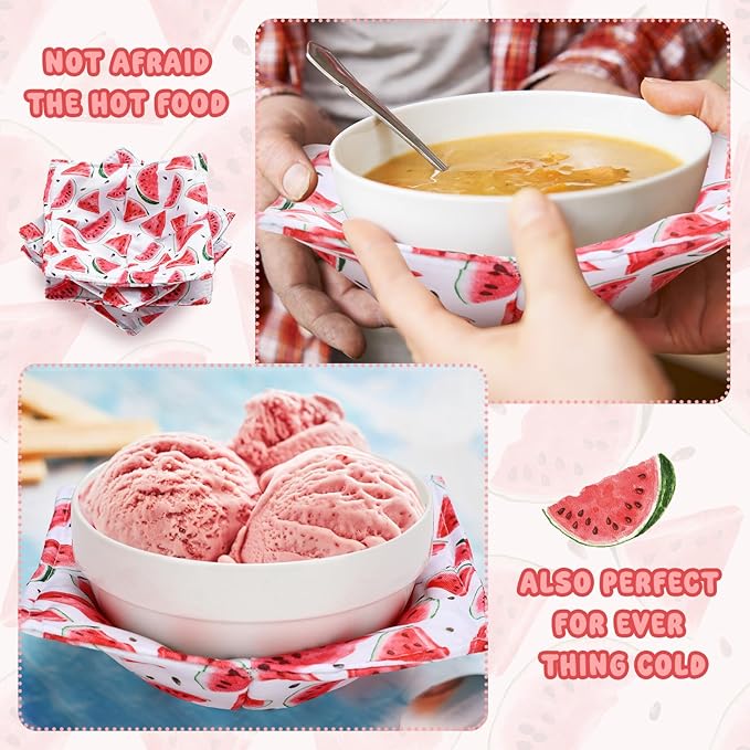 Cunhill 4 Pcs Cotton Microwave Bowl Cozy Holders for Hot Food Hot Pads Soup Bowl Potholders Heat Resistant Multipurpose Quilted Safe Holders for Kitchen Plate Supply(Red,Watermelon)