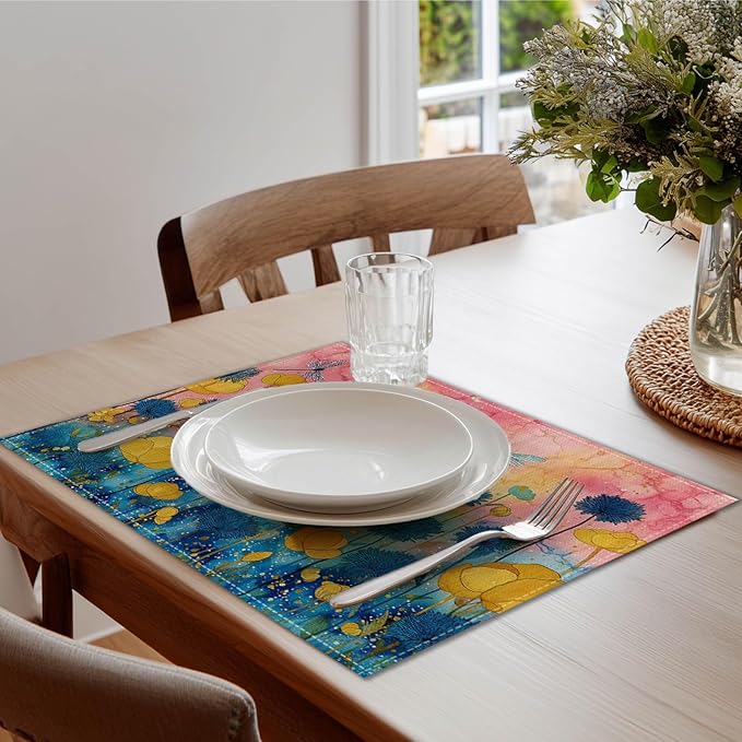 HOMETITUTE Linen Placemats Set of 4 12x18 inch Spring Table Mats for Dining Table Colorful Floral Farmhouse Decorations Kitchen Decor Desk Mat for Outdoor Home Party Kitchen Seasonal Dining Decor