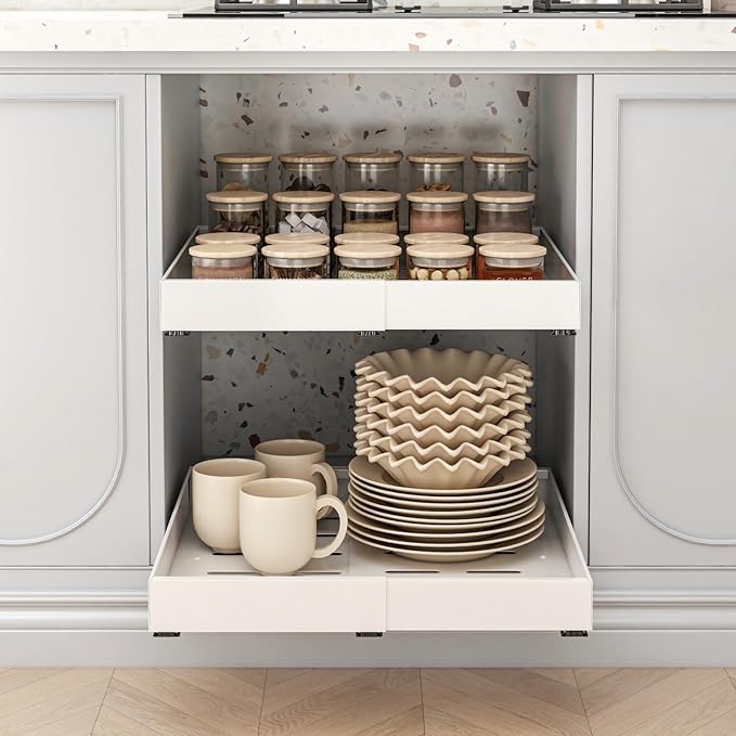 THMINS Expandable Pull Out Cabinet Organizer, 21" Deep Expandable (12.6" - 20.5") 3 Heavy Duty Slide Drawers Pull Out Drawers for Kitchen Storage Cabinet (White)