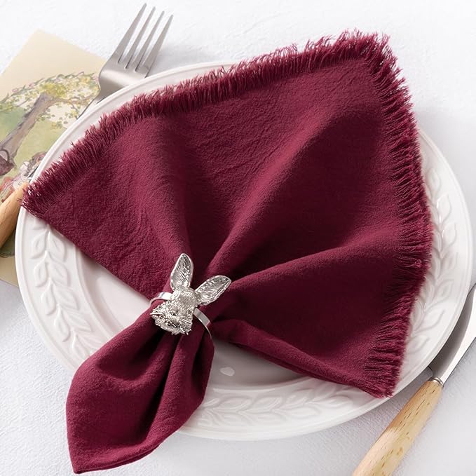 DeZerlor 12 Pack Burgundy Red Cotton Linen Napkins with Fringe Spring Cloth Napkins Set of 12 Boho Handmade Dinner Napkins Bulk for Wedding Bridal Baby Shower Parties, 17 x 17 Inches