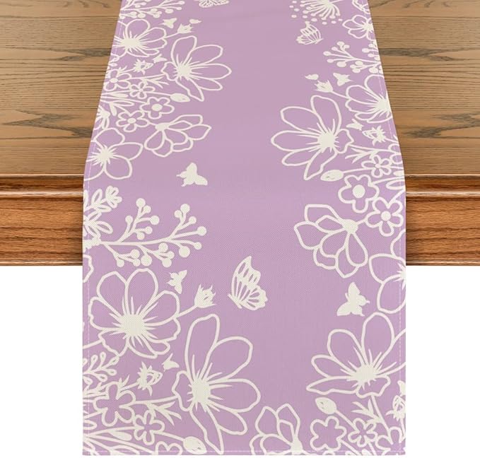 Artoid Mode Purple Bloom Flowers Butterfly Spring Table Runner,Seasonal Summer Kitchen Dining Table Decoration for Home Party Decor 13x72 Inch