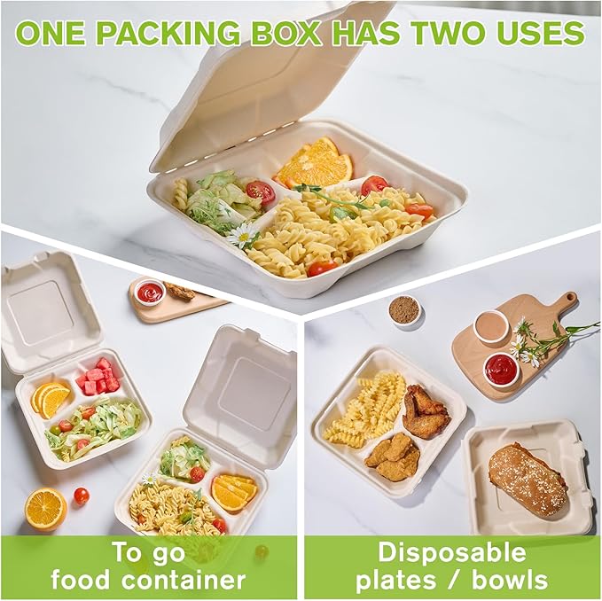 ECOLipak 300 Pack Clamshell To Go Containers, 100% Compostable Disposable Take Out Food Containers, 8X8 inch 3-Compartment Heavy-Duty To Go Boxes