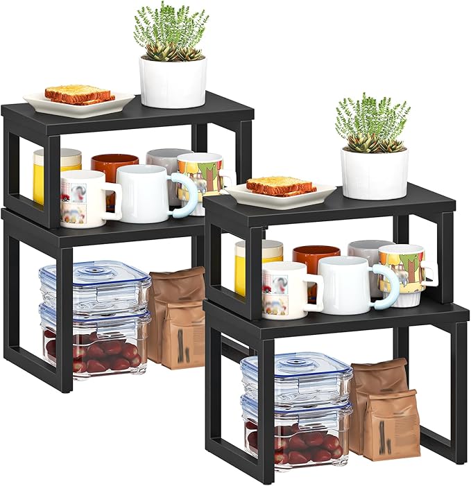 HOOBRO Cabinet Organizer Shelf, Set of 4 Kitchen Counter Shelves, Expandable Kitchen Storage, Stackable Spice Rack, for Kitchen, Countertop, Office Desk, Living Room, Black BK20TLP201