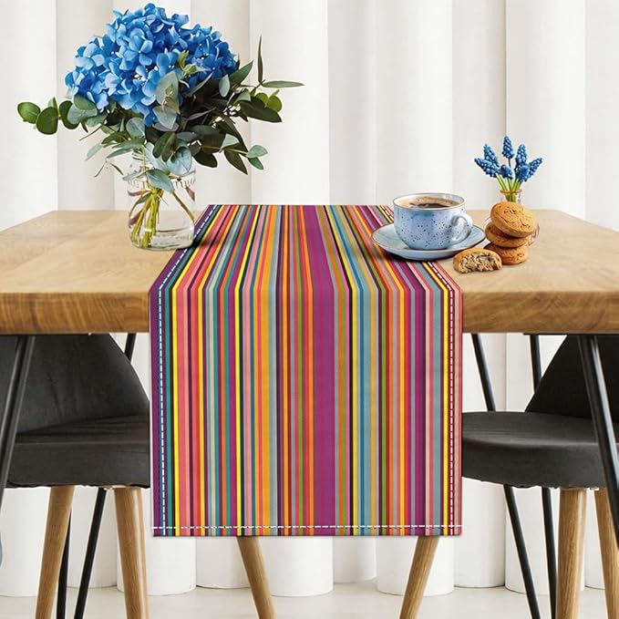 Niviy Bright Colorful Striped Table Runner, 12x72 Inch Mexican Rainbow Colored Geometric Pattern Table Runners for Holiday Party Kitchen Dining Room Decoration