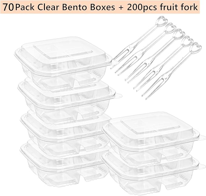 70 Pack Clear Bento Boxes 4 Compartment, Disposable Lunch Snack Containers with Lid, Food Storage Meal Prep Divided Containers with 200 pcs Fork for Camping, Lunch, Work, Travel