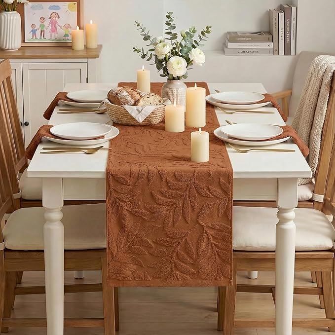 Artoid Mode Caramel Soft Cotton Jacquard Leaves Spring Table Runner, Holiday Kitchen Dining Table Decoration for Home Party Decor 13x72 Inch