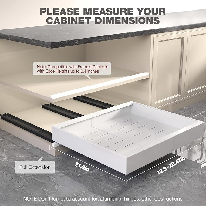 Seinloes 1 Pack Pull Out Cabinet Organizer 22" Deep,Full Extension 3 Slide Rails Slide Out Drawers With Raising Pad for Framed Cabinets,Expandable Width (12.3"-20.5"),No Drill Roll Out shelf,White