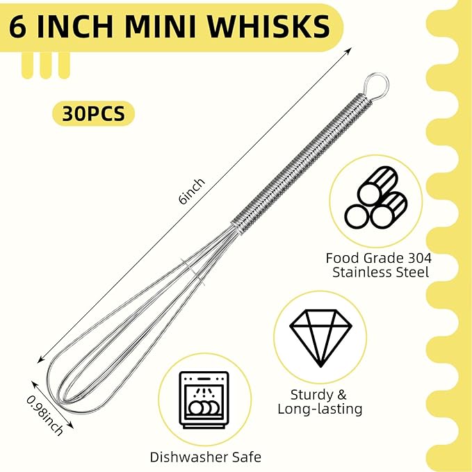 Baderke 30 Pcs Mini Whisk Bulk Small Whisks for Cooking 304 Stainless Steel Tiny Whisk for Baking, Whipping, Beating Eggs, Mixing Sauces, Blending Ingredients (6 Inch)