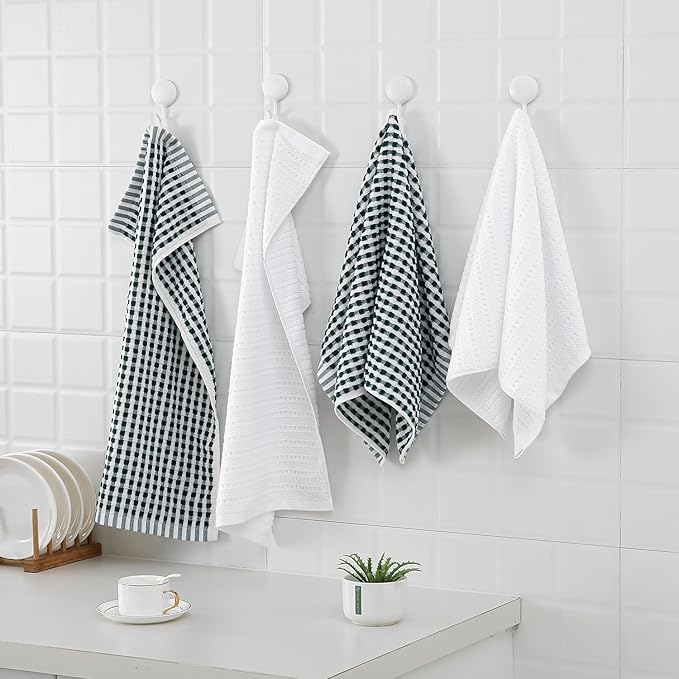 SALAS Cotton Dish Towels Cloths for Kitchen Drying Dishes, Lattice Terry Kitchen Towels, Highly Absorbent Cloths with Hanging Loop, 16‘’ x 26‘’, 4 Packs, Green and White