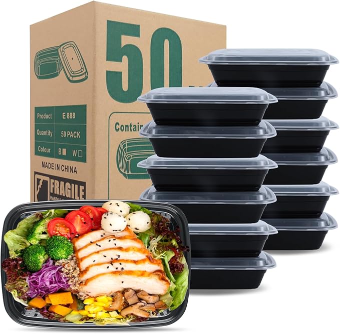 50 Pack (100-Piece) 28oz Meal Prep Containers, 50 Pack (100-Piece) Rectangle,BPA-Free, Food Safe & Leakproof Reusable Plastic Food Storage – Microwave Safe, Stackable Takeout Boxes
