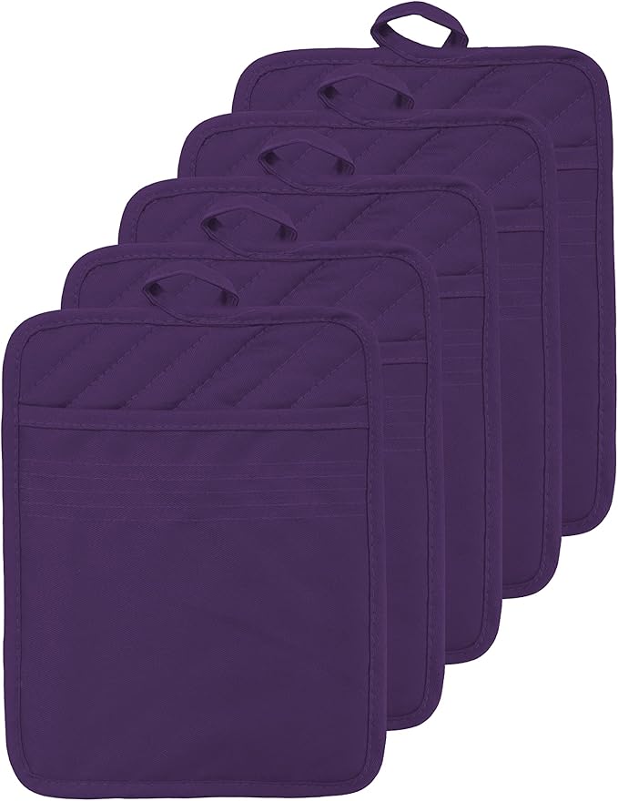Oven Pot Holder with Pocket Cotton Heat Resistant Coaster Potholder Kitchen Hot Pad Oven Mitts for Cooking Square 7"x9"Set of 5 (Purple)