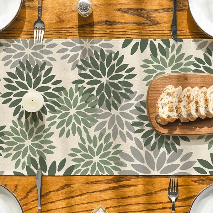 Artoid Mode Green Dahlia Aqua Floral Pinnata Flower Table Runner, Seasonal Holiday Kitchen Dining Table Decoration for Home Party Decor 13x72 Inch