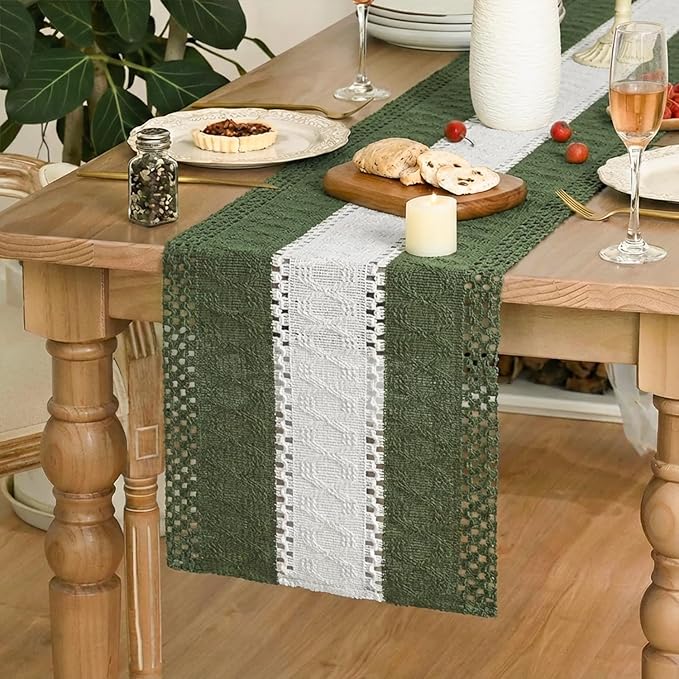 Artoid Mode Army Green Farmhouse Rustic Table Runner, Seasonal Hollow Kitchen Dining Table Decoration for Home Party Decor 12x120 Inch