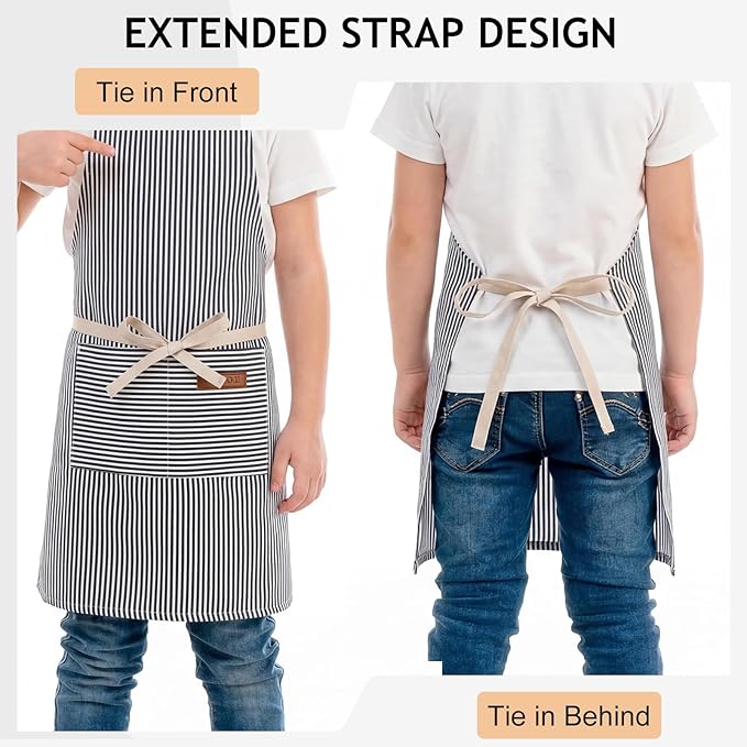 2 Pack Stripes Kids Apron, Kids Cooking Aprons with 2 Pockets, Cute Aprons for Cooking for Boys and Girls