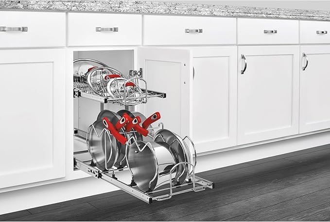Rev-A-Shelf 2-Tier Kitchen Cabinet Pullout 11.75" Cabinet Organizer for Pots, Pans, and Lid Cookware, Adjustable Heavy Duty Wire, Chrome, 5CW2-1222-CR
