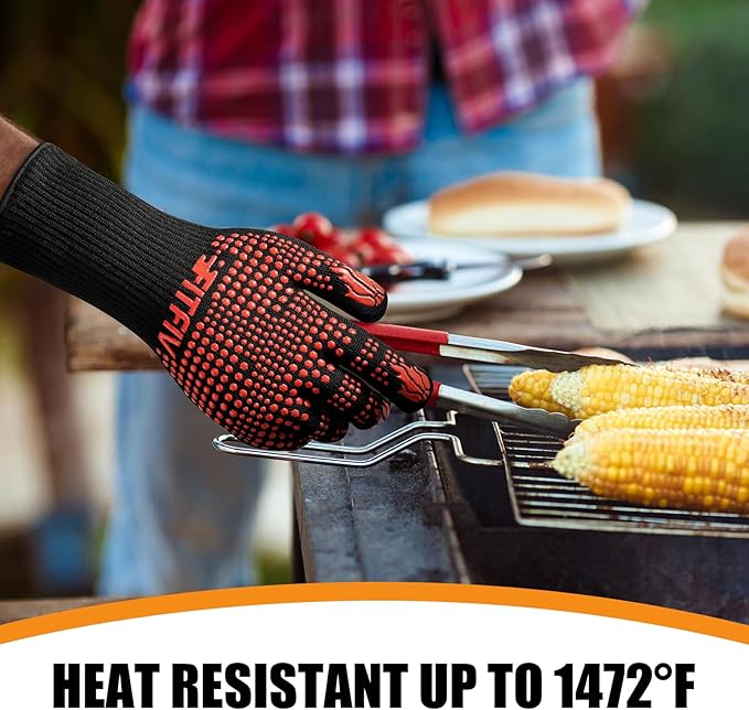 BBQ Gloves, Oven Gloves, 1472°F Extreme Heat Resistant Barbecue Gloves, Silicone Non-Slip Oven Mitts, Kitchen for Cooking, Grilling, and Baking (Red)