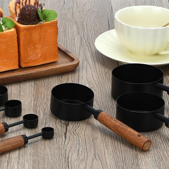 Black Measuring Cups and Spoons Set, Measuring Spoons and Measuring Cup Set for Cooking & Baking with Wood Handle