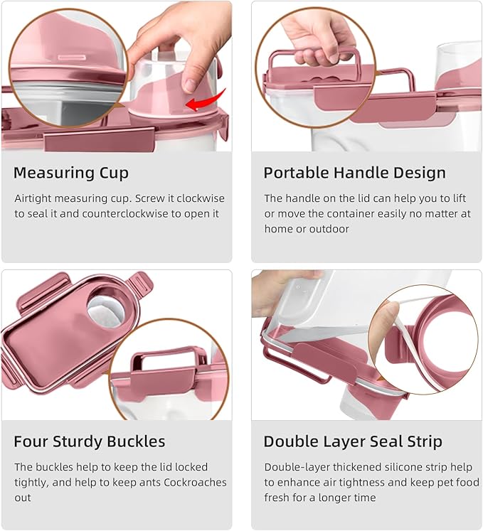 LEAWALK Airtight Small Cat Dog Pet Food Storage Containers BPA Free, with Large Pour Spout/1 Measuring Cup/ 4 Safety Locks and Double-layer Silicone Strip (Rose Pink, 5L-1pack)