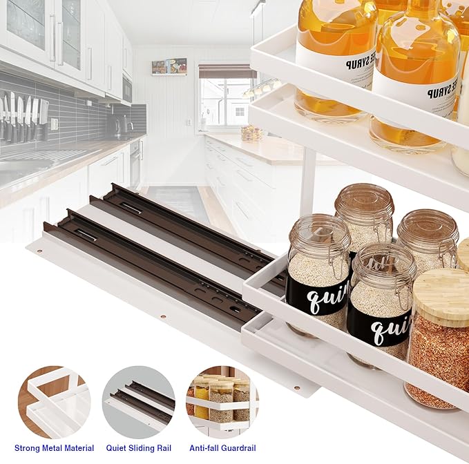 Mustorn Pull Out Spice Rack Organizer for Cabinet, 2 Tier Metal Slide Out Seasoning Organizer and Storage Heavy Duty Vertical Spice Rack Shelf Pullout for Kitchen Cabinets No Drilling(1 Pack, White)