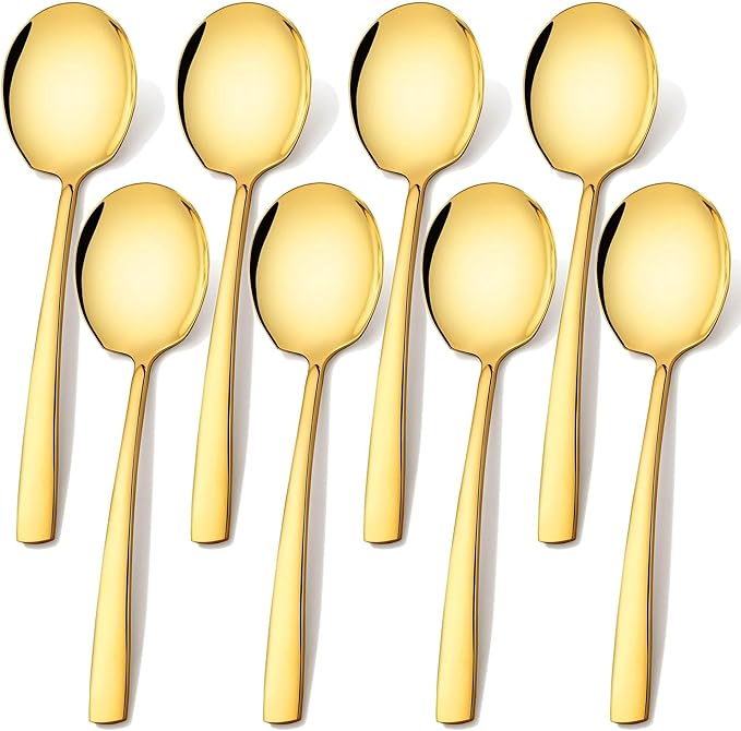 Stainless Steel Serving Spoons Large 9.2-Inch Gold Serving Spoon 8-Piece Big Serving Utensil Set for Buffet, Parties, Catering - Dishwasher Safe(8-Pieces, Gold)