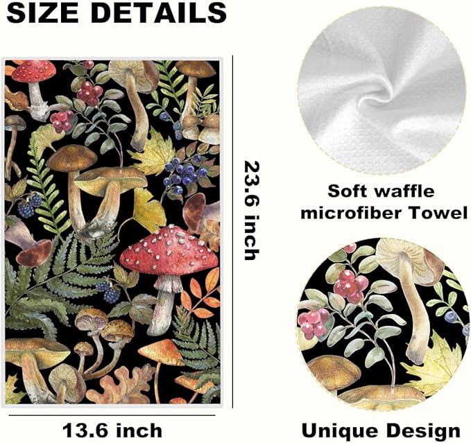 3Pcs Mushroom Kitchen Towels 24x14 Inch, Absorbent Microfiber Dish Towels, Snail Floral Waffle Weave Hand Tea Towels for Kitchen Home Bathroom Farmhouse Decor, Cute Mushroom Gifts for Women Mom