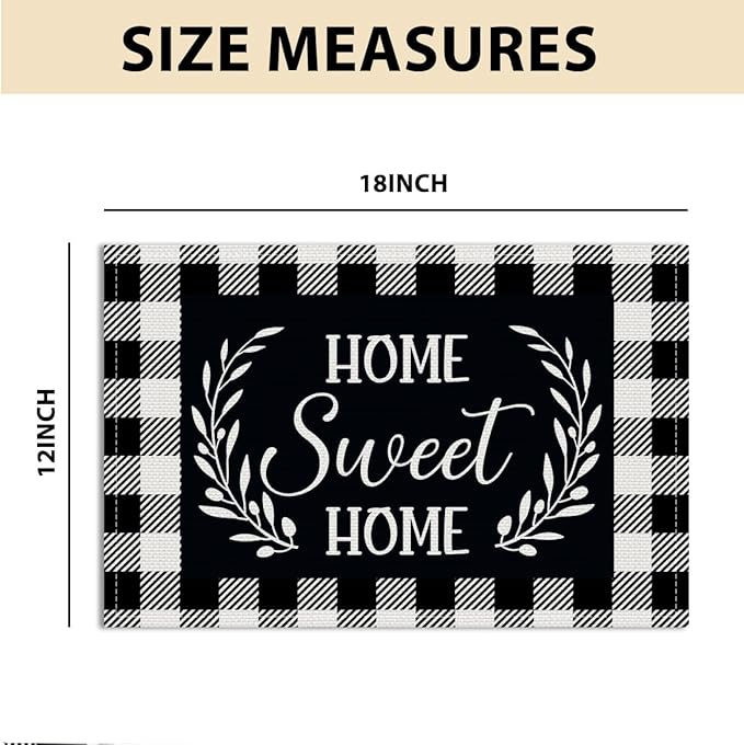 Black and White Linen Placemats Set of 4, Cloth Farmhouse Buffalo Plaid Linen Home Sweet Home Place Mats - Washable Heat Resistant Fabric Table Mats for Kitchen Dining Table 18 X 12 Inch, Plaid