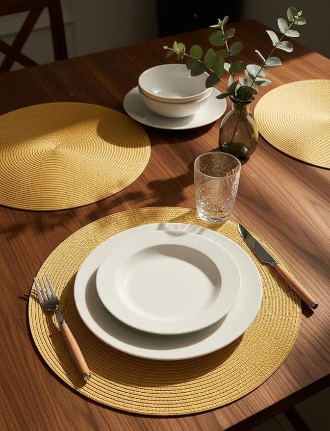 FunWheat Round Braided Placemats Set of 6 Table Mats for Dining Tables Woven Washable Non-Slip Place mats 15 Inch(Pumpkin Yellow, 6pcs