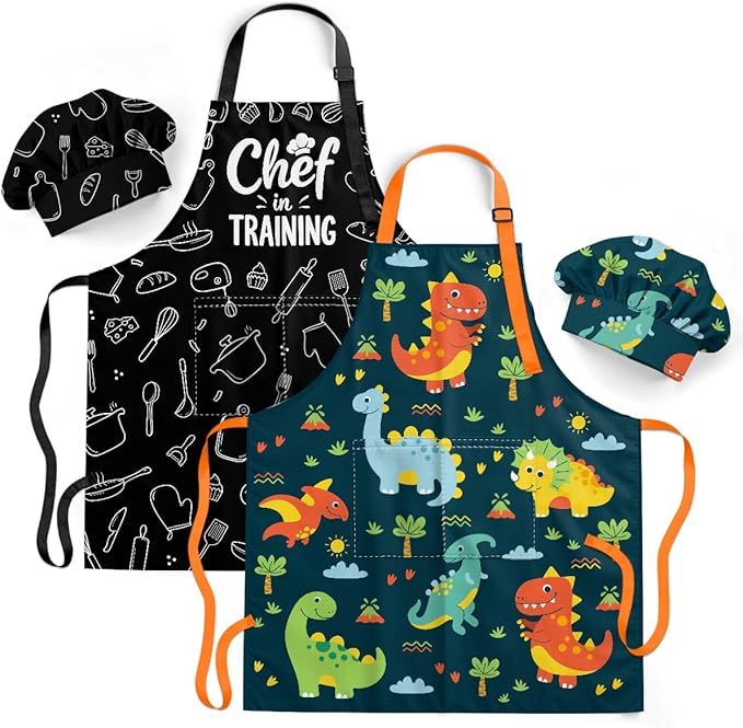 SANDJEST Kids Apron with Chefs Hat Set, Kitchen Apron Gifts