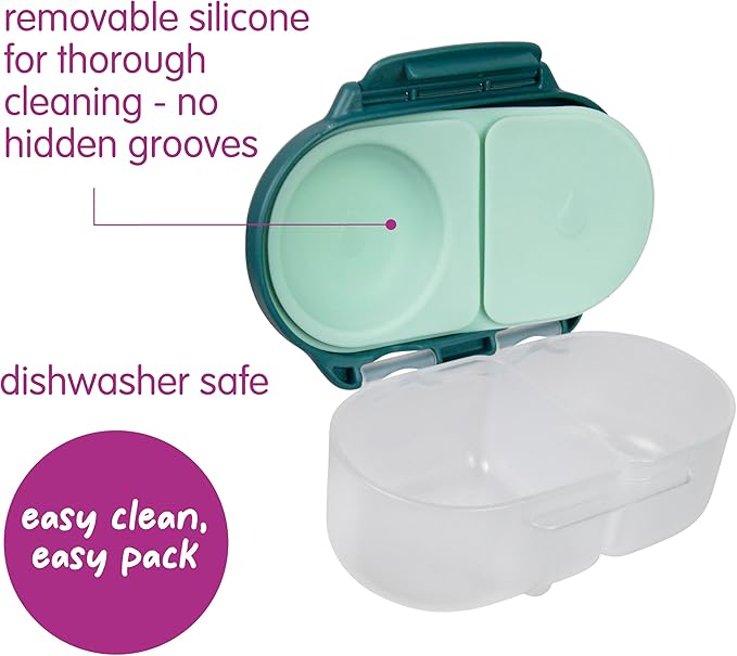 b.box Snack Box 2 Pack - Leak Proof Mini Bento Box for Kids & Toddlers, 2 Compartment Snack Containers for Kids, Dishwasher Safe, BPA Free, PFAS Free, Ages 4m+, 1 3/4 Cup Each (Ocean Blue + Forest)