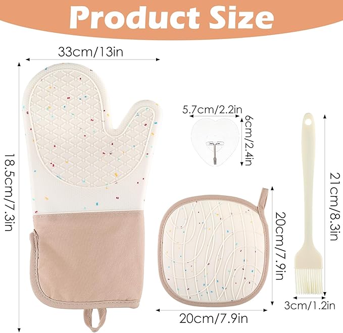 10 Pcs Kitchen Oven Mitts and Potholders Set with Hook and Oil Brush, Cooking Mittens Heat Resistant 500°F Silicone Oven Mittens for Kitchen Baking Cooking BBQ (Cream)