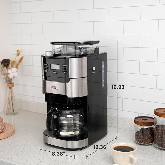 Gevi 10-Cup Drip Coffee Maker, Built-in Burr Grinder, 1.5L Water Tank, Programmable Timer, Auto Keep-Warm, Reusable Filter, Fresh Grind Coffee Machine, Black
