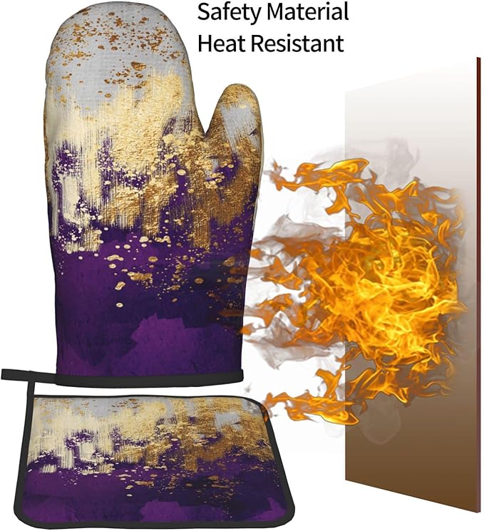3 - Piece Purple and Gold Splash Patterned Oven Mitts and Pot Holders Set, Heat Resistant Non-Slip Modern Abstract Art Purple Kitchen Gloves for Cooking Baking Grilling, Gifts for Women, Home Decor