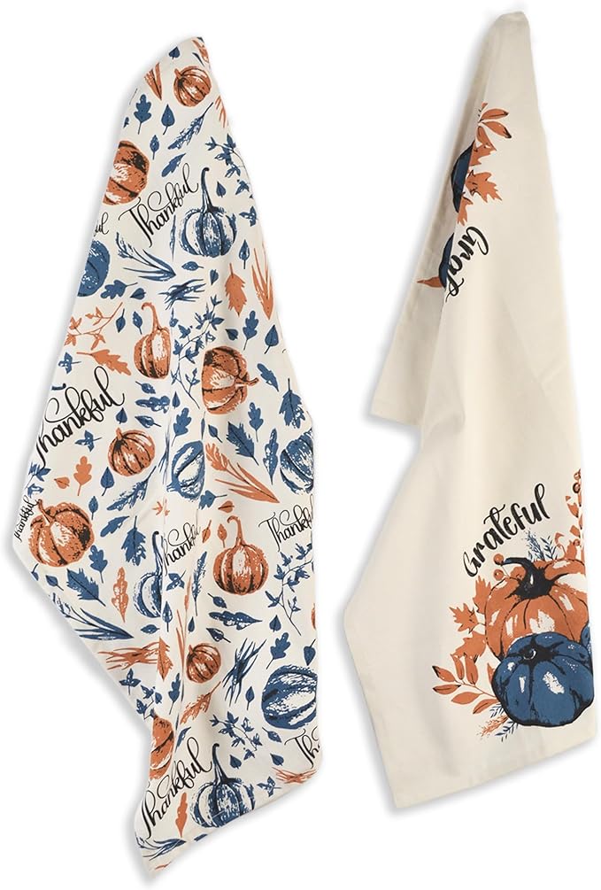 The Fine Living Company Set of 2 Thankful & Grateful Printed Dish Towels, Hand Towels, Boho Tea Towels - Multifunctional, Stylish, Absorbent, Quick Dry, Soft 18" x28", 100% Cotton, Blue & Orange