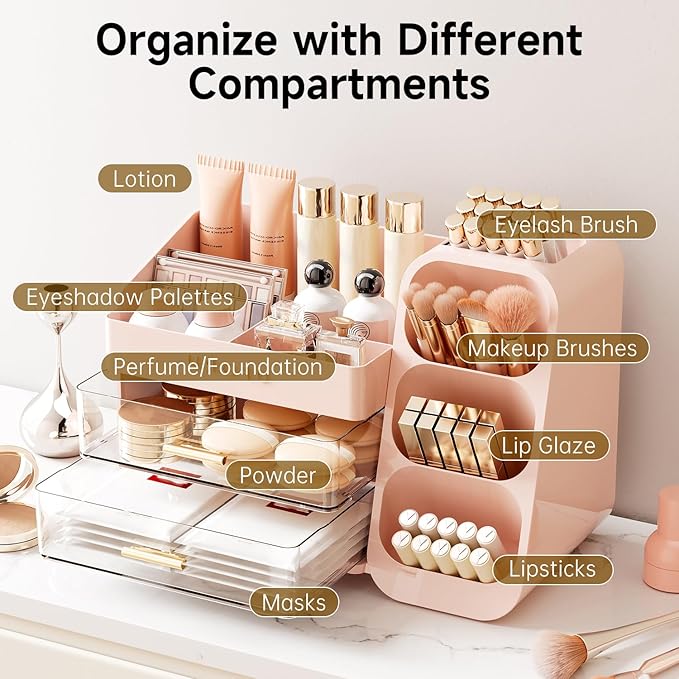 Makeup Organizer for Vanity with Brush Holder, Large Plastic Bathroom Countertop Skincare Organizer with 2 Drawers, Spacious Cosmetic Display Case for Perfumes, Eyeshadow Palettes, Nail Polishes