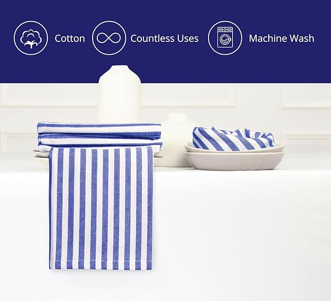 PurpleEssences Plain Striped Cloth Napkins - Set of 12-100% Cotton - 18 x 18 Inch - Spring Easter Summer and Perfect Everyday Use Dinner Napkin - Blue and White