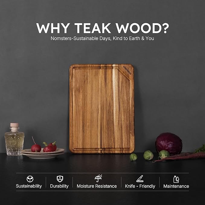 Teak Wood Cutting Board for Kitchen 13inch Charcuterie Board Serving Heavy Duty Non Toxic Slip Over Sink Solid Thick Haus Wooden Chopping Board Large Big Small Meat Best Kitchen Essential Gift