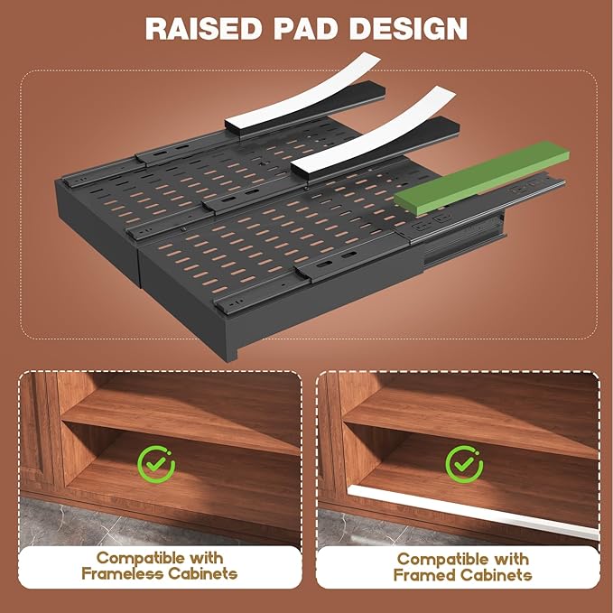 Seinloes 4 Pack Pull Out Cabinet Organizer Expandable Width(13"-21") and Depth(17"-24"),Slide Out Drawers With Raising Pad for Framed Cabinets,No Drill Roll Out Shelves for kitchen,Bathroom,Black