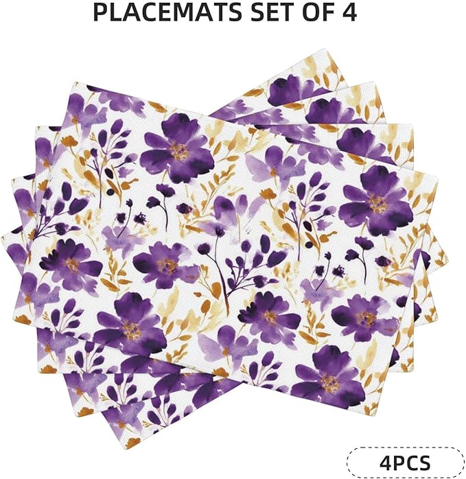 Purple Floral Linen Placemats Set of 4, Gold Accented Flowers Printed Place Mats for Dining Table, Kitchen, Party, Heat Resistant Non-Slip Purple Table Mats, Gift for Wedding, Spring Easter Home Decor