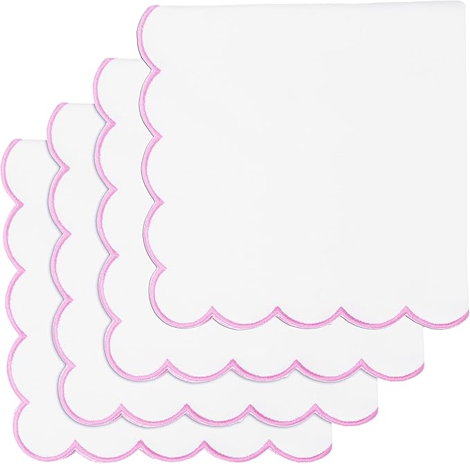 PurpleEssences Scalloped Embroidery Cloth Napkins - Spring Easter Summer - Table Decor - 100% Cotton - Set of 4-18x18 inch - White - Edges - Blush Pink