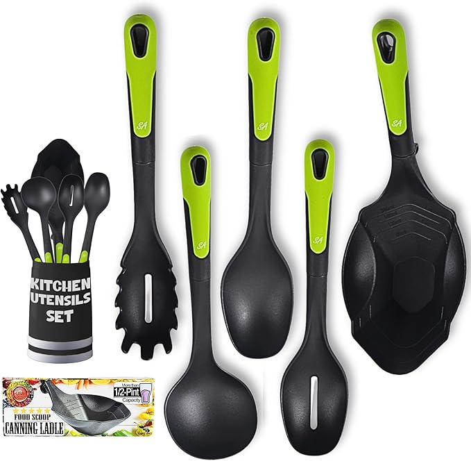Supa Ant 5 Pieces Kitchen Cooking Utensils Set, XL Canning Scoop - Nylon Ladle with Holes - Pasta Spoon/Fork - Slotted Spoons Kitchen Gadgets Utensil Set