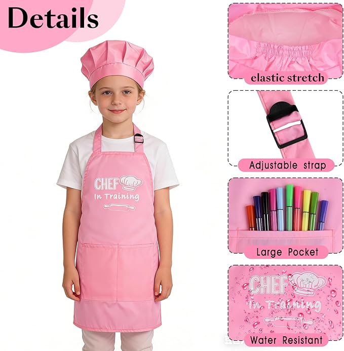 Kids Apron and Chef Hat Set Adjustable Child Aprons with 2 Large Pockets for Girls Boys Cooking Baking Painting Gift