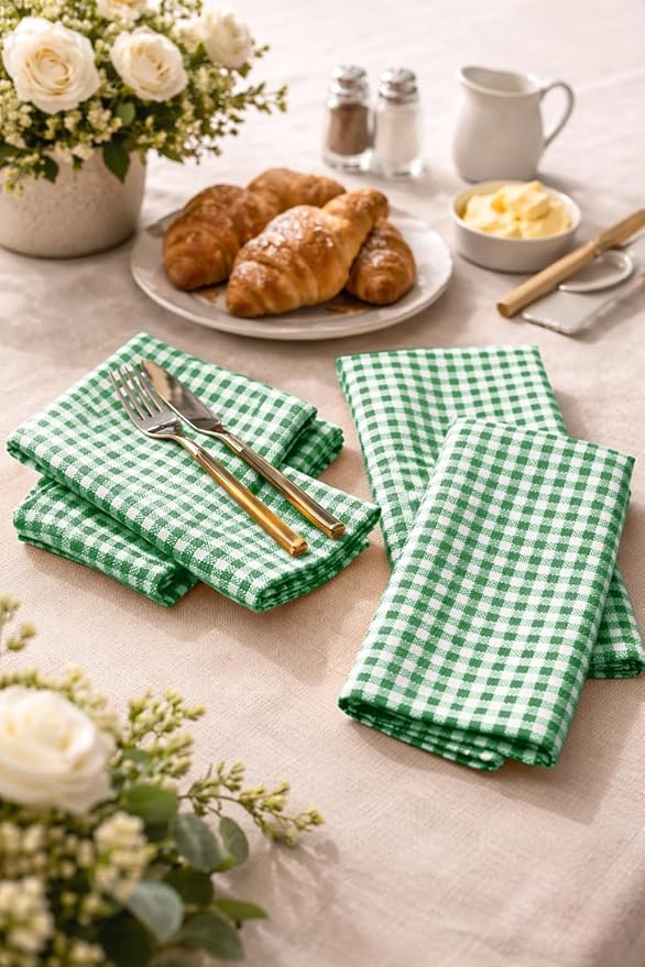 Mini Gingham Check Cloth Napkins Set of 4, 16"x16", 100% Cotton, Reusable & Washable, Durable, Absorbent Fabric for Dinner Parties, Wedding, Dining Napkin - Lemon Green