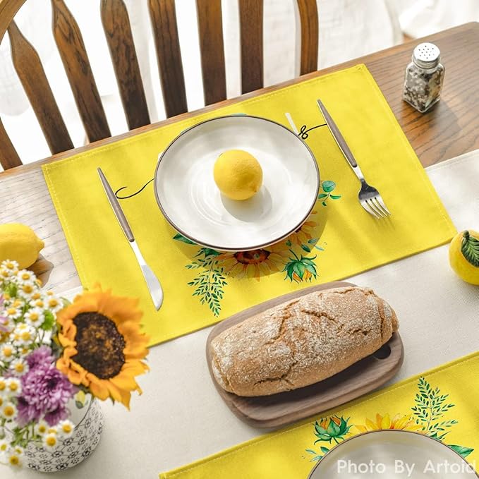 Bloss Yellow Hello Sunshine Sunflower Summer Placemats Set of 6, 12 x 18 Inch Spring Seasonal Holiday Decoration Rustic Vintage Washable Table Mats, Placemats for Dining Table