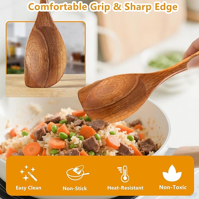 2 Pack Premium wooden spoons for cooking - Acacia Wood Kitchen utensils for Cooking and Stirring, Durable Hardwood Stirring Spoon, Non-Scratch Cooking utensil Tool, Ergonomic Handle 13 Inches