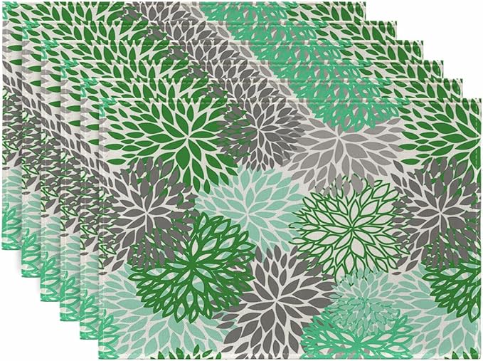 Ansouyi Placemats Set of 6, Green and Gray Dahlia Flower Washable Heat Resistant Linen Table Mats, Kitchen Decor Non-Slip Place Mats for Party Dining, 12x18 Inch