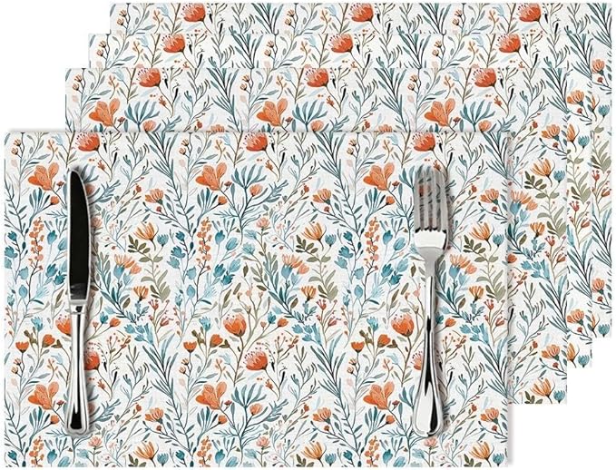 Boho Teal Orange Floral Linen Placemats Set of 4, 12x18 Inch Burnt Orange and Blue Watercolor Flower Table Mats, Non-Slip Heat Resistant Dining Mats for Kitchen Party Wedding, Spring Easter Home Decor