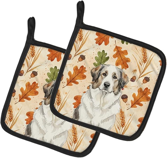 Caroline's Treasures Badger Great Pyrenees Heirloom Fall Pair of Pot Holders Pair 7.5x7.5 Quilted Insulated Hot Pads Decorative Kitchen Gift Made in USA