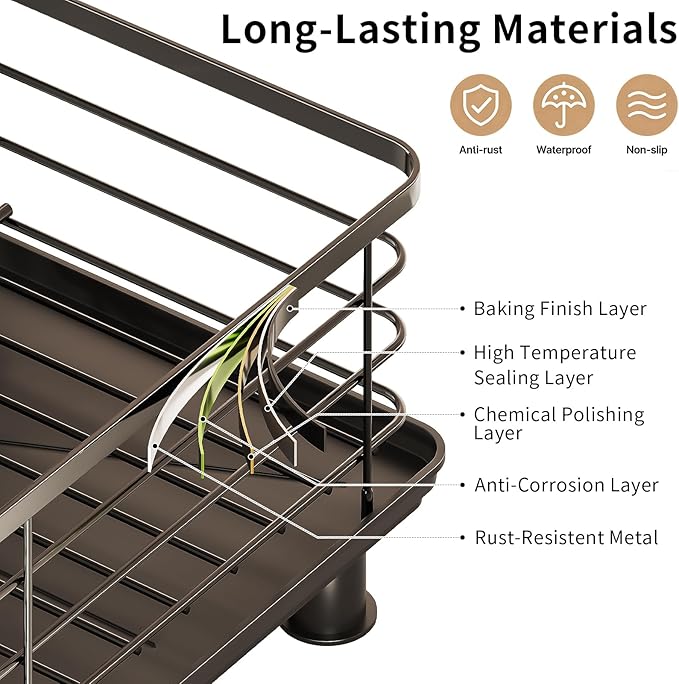 PureBox Dish Drying Rack, Rustproof Stainless Steel Kitchen Counter Organizer with Cup Holder, Utensil Caddy & Drainer Board, Space Saving, Black